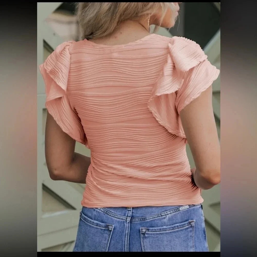 Womens Tops Casual Crewneck Ruffle Short Sleeve T Shirts Slim Fit Dressy…